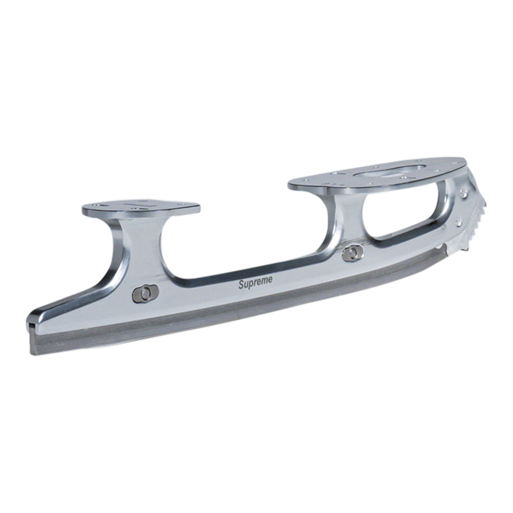 Silver ice skate blade with 'Supreme' branding on a white background